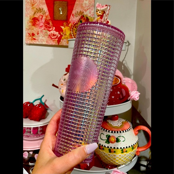 STARBUCKS PINK IRIDESCENT GRID STUD TUMBLER 24oz